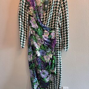 RIXO Multicolor Floral and Houndstooth Long Sleeve Dress